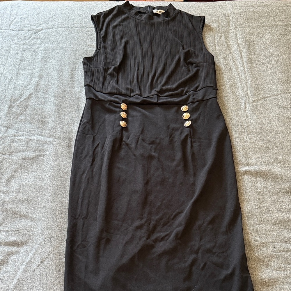 Grace Karin Black Midi Dress with Gold Button Accents